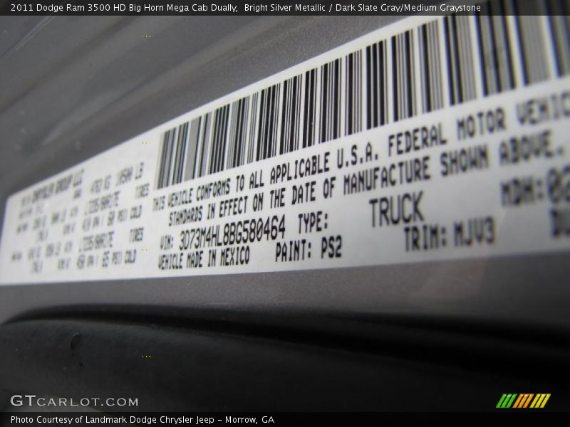 2011 Ram 3500 HD Big Horn Mega Cab Dually Bright Silver Metallic Color Code PS2