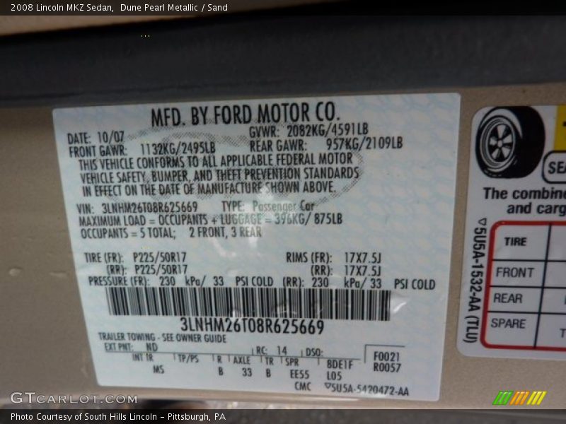 Dune Pearl Metallic / Sand 2008 Lincoln MKZ Sedan
