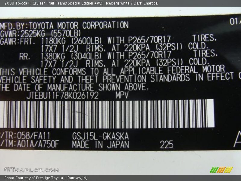 2008 FJ Cruiser Trail Teams Special Edition 4WD Iceberg White Color Code 058