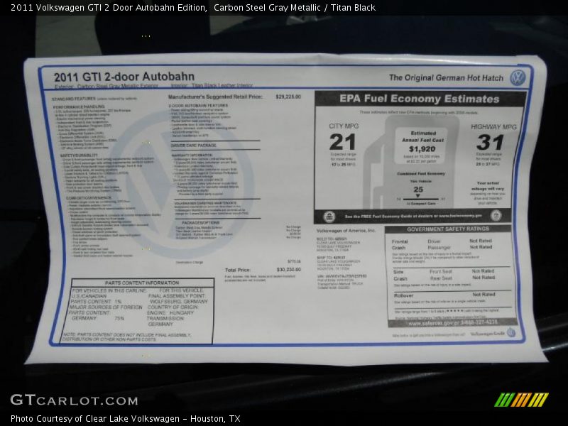  2011 GTI 2 Door Autobahn Edition Window Sticker