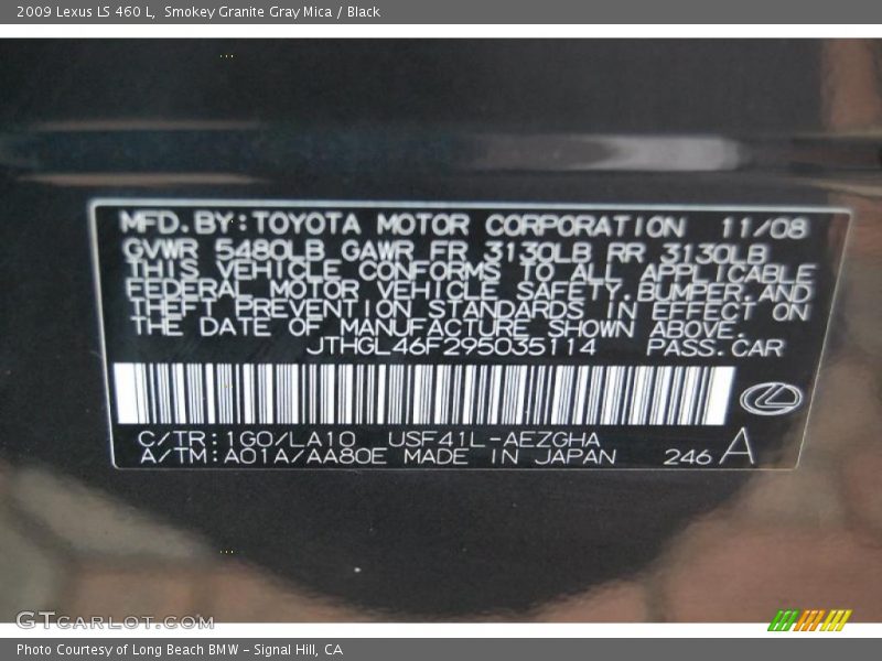 2009 LS 460 L Smokey Granite Gray Mica Color Code 1G0