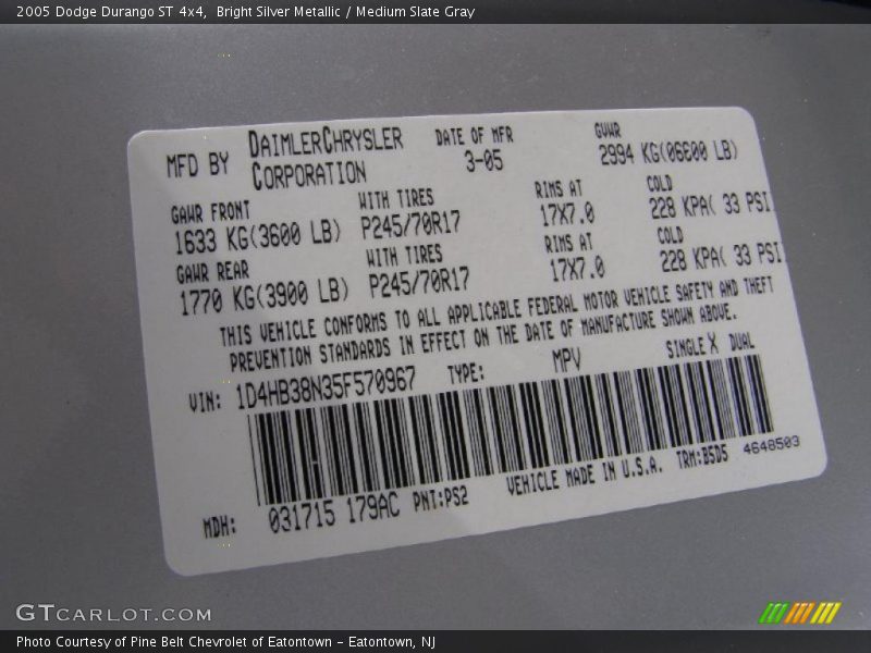 Bright Silver Metallic / Medium Slate Gray 2005 Dodge Durango ST 4x4