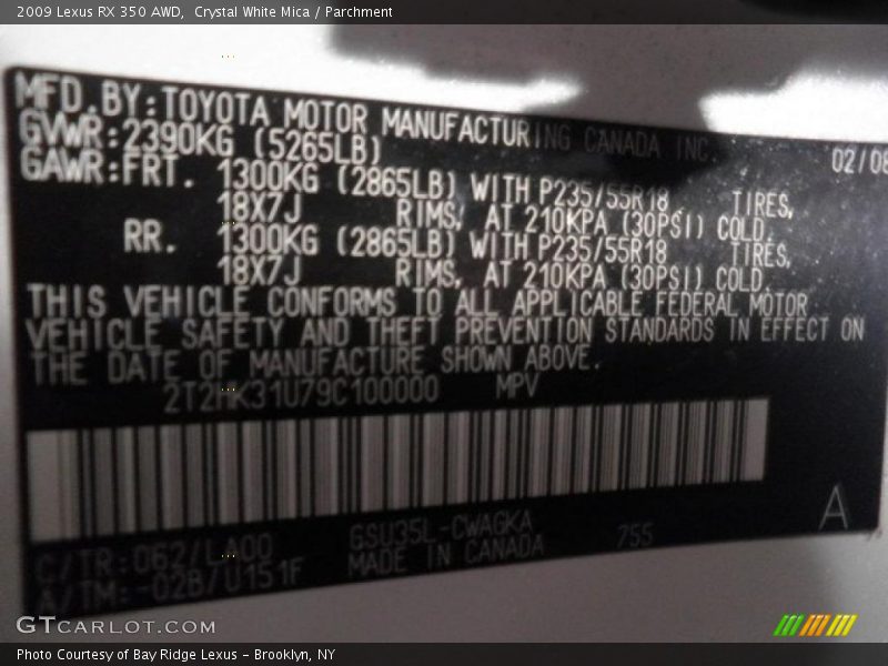 Crystal White Mica / Parchment 2009 Lexus RX 350 AWD