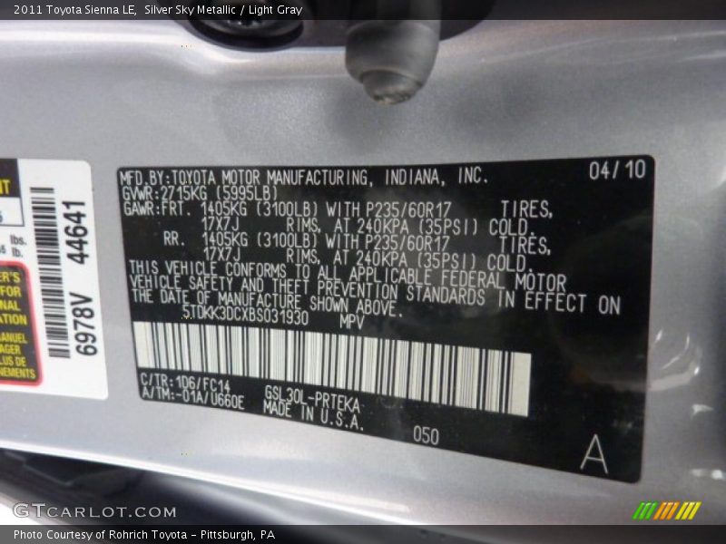 Silver Sky Metallic / Light Gray 2011 Toyota Sienna LE