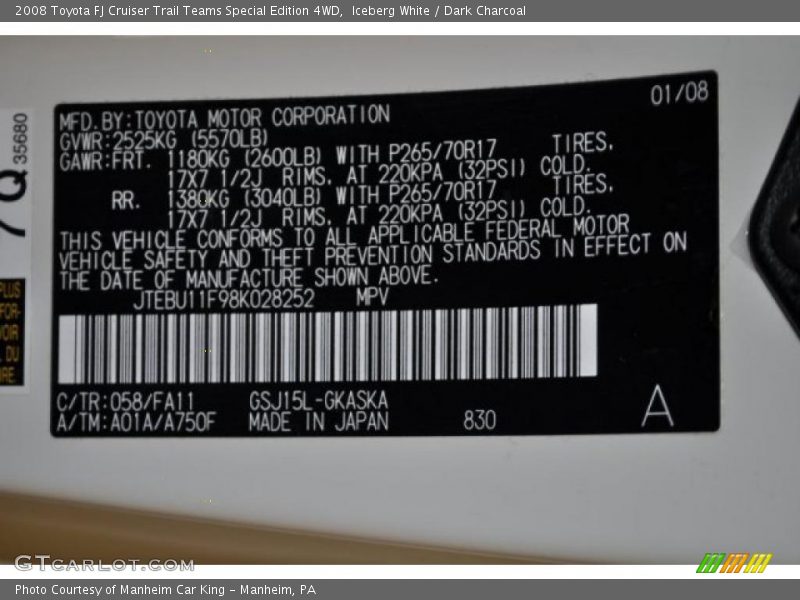 2008 FJ Cruiser Trail Teams Special Edition 4WD Iceberg White Color Code 058