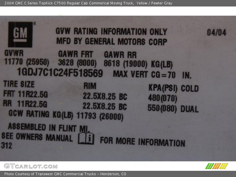Info Tag of 2004 C Series TopKick C7500 Regular Cab Commerical Moving Truck