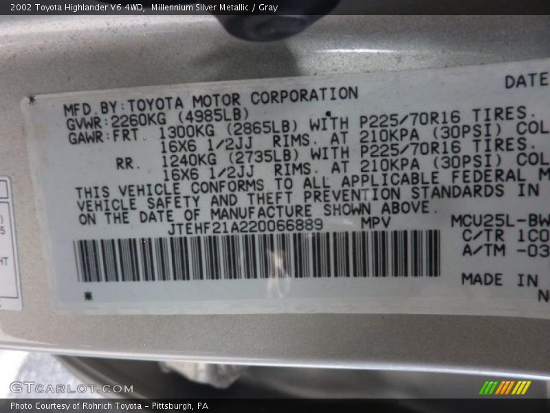 Millennium Silver Metallic / Gray 2002 Toyota Highlander V6 4WD