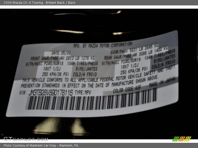 Brilliant Black / Black 2009 Mazda CX-9 Touring