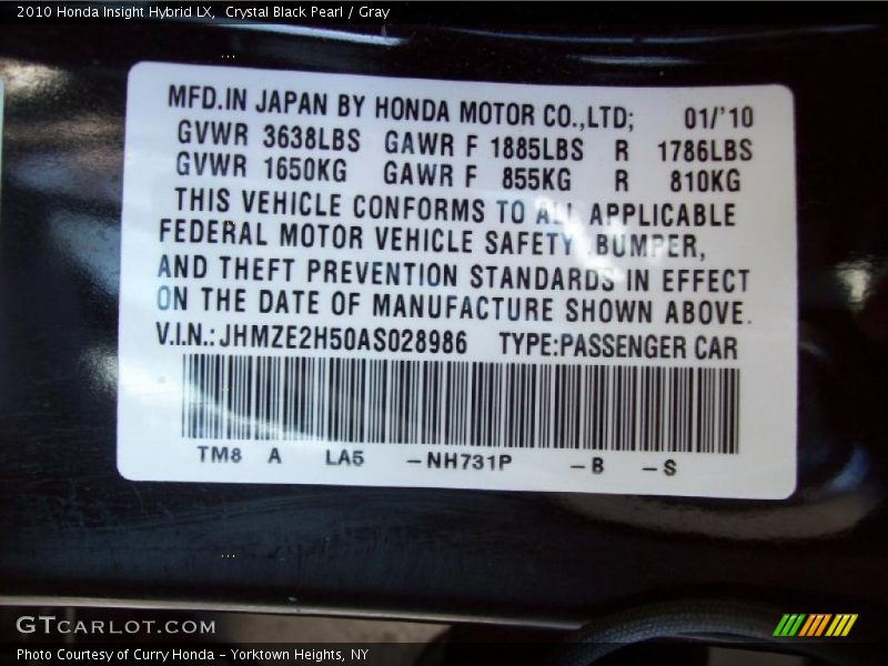 2010 Insight Hybrid LX Crystal Black Pearl Color Code NH731P