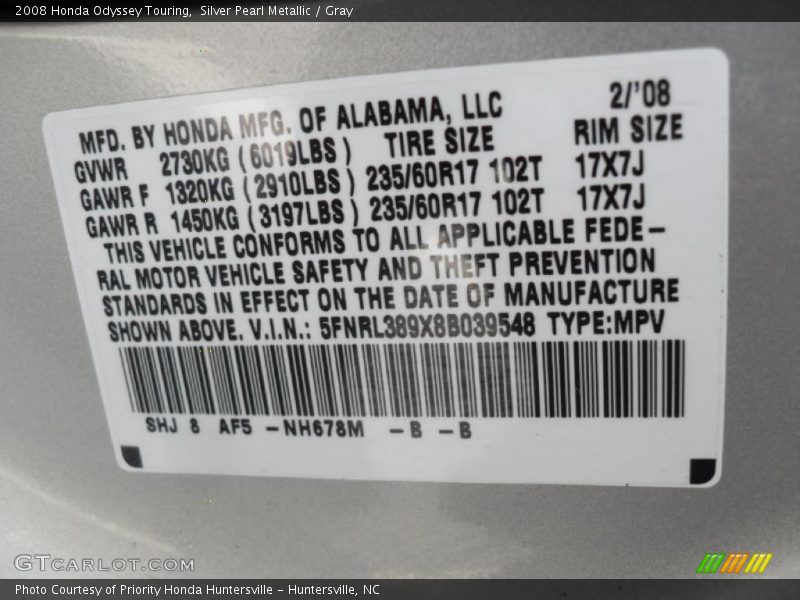 Silver Pearl Metallic / Gray 2008 Honda Odyssey Touring