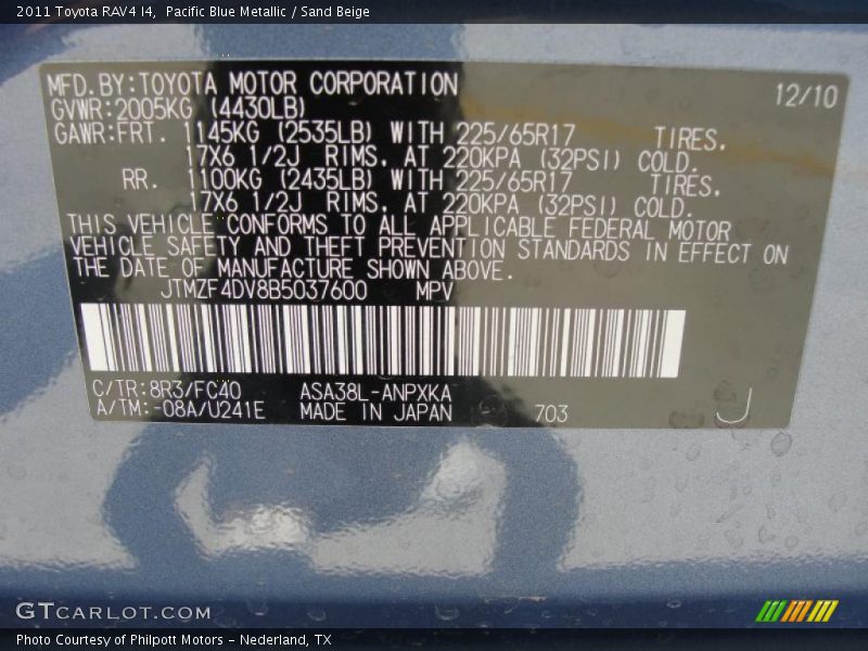 2011 RAV4 I4 Pacific Blue Metallic Color Code 8R3