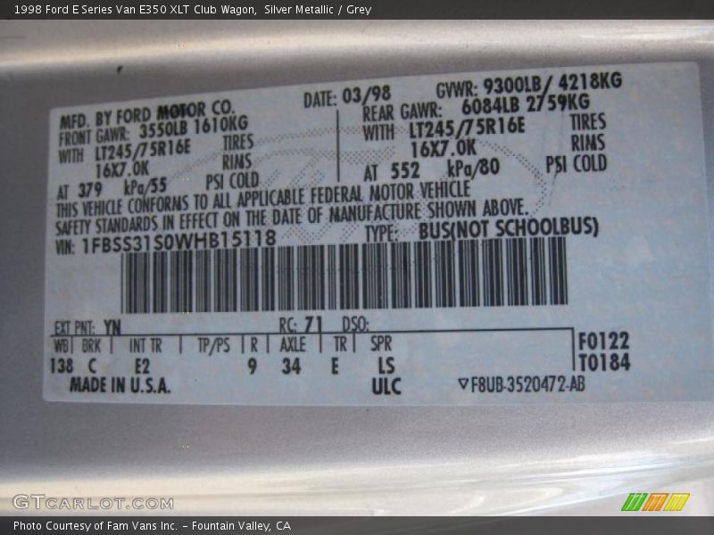 Silver Metallic / Grey 1998 Ford E Series Van E350 XLT Club Wagon