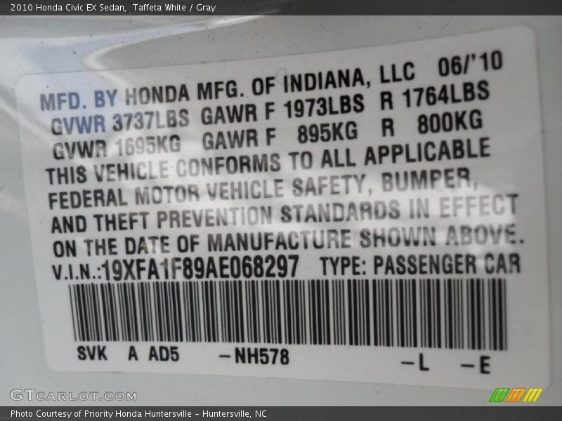 2010 Civic EX Sedan Taffeta White Color Code NH578
