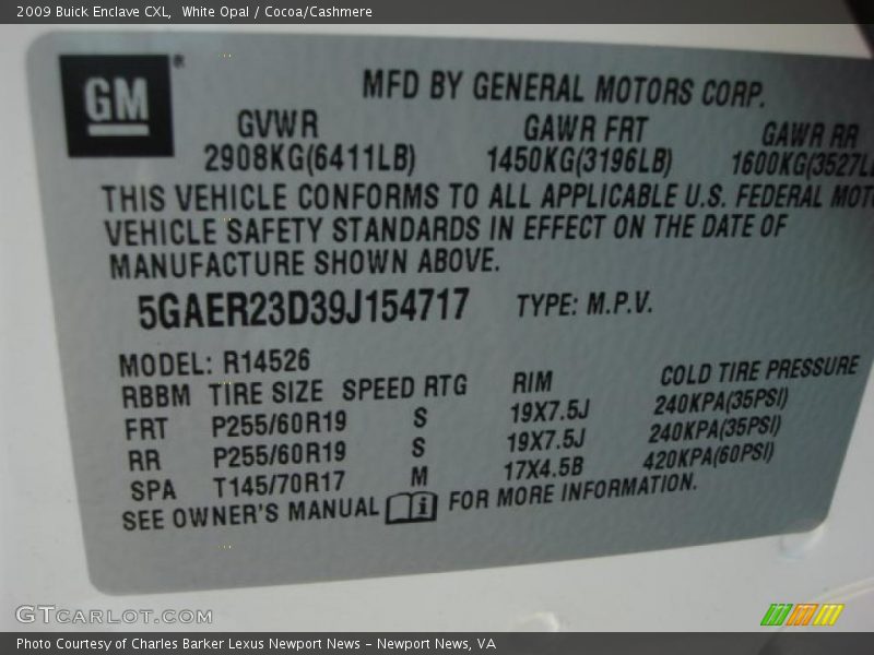 White Opal / Cocoa/Cashmere 2009 Buick Enclave CXL