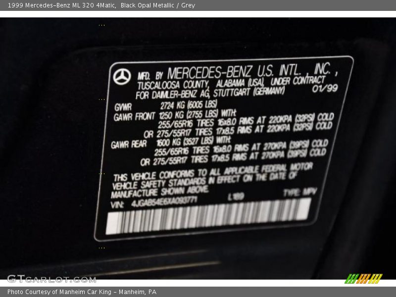 Black Opal Metallic / Grey 1999 Mercedes-Benz ML 320 4Matic