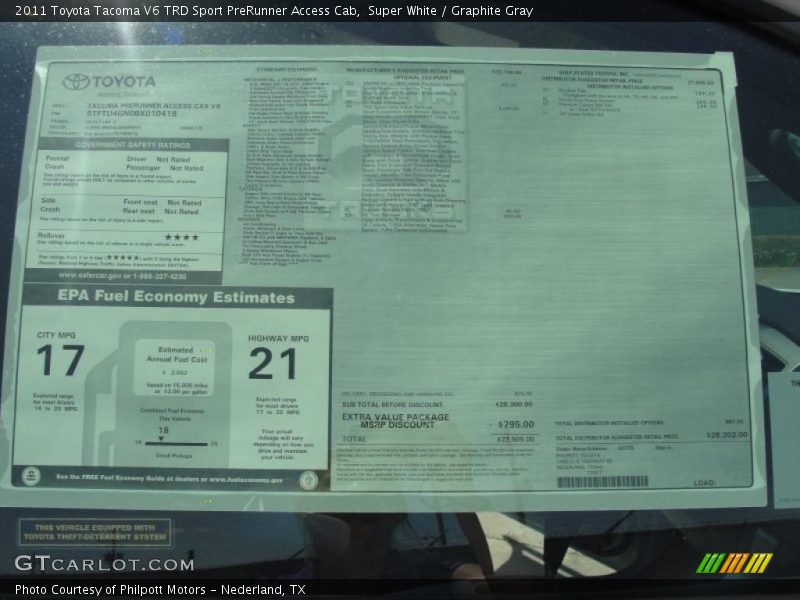  2011 Tacoma V6 TRD Sport PreRunner Access Cab Window Sticker