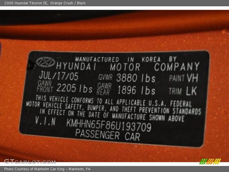 Orange Crush / Black 2006 Hyundai Tiburon SE