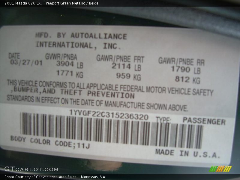 2001 626 LX Freeport Green Metallic Color Code 11J