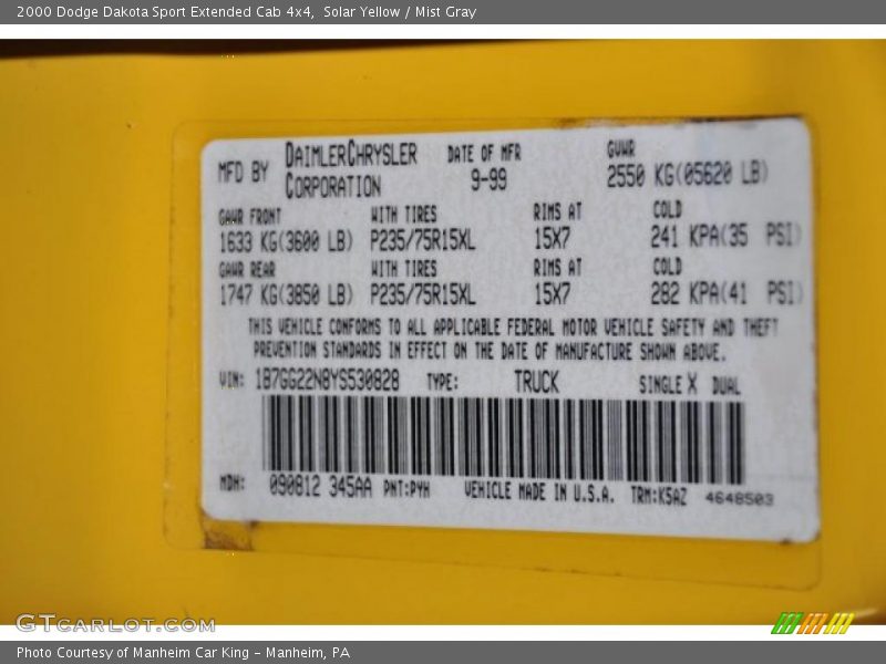 2000 Dakota Sport Extended Cab 4x4 Solar Yellow Color Code PYH
