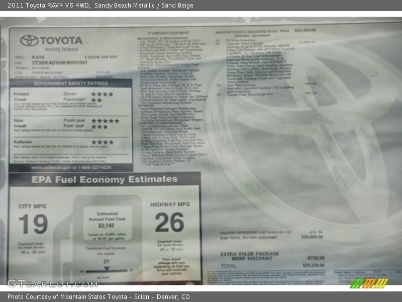  2011 RAV4 V6 4WD Window Sticker