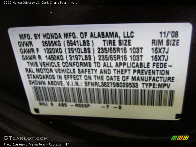 2009 Odyssey LX Dark Cherry Pearl Color Code R529P