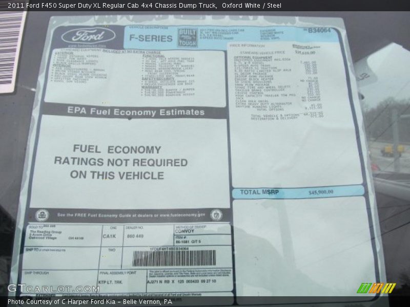  2011 F450 Super Duty XL Regular Cab 4x4 Chassis Dump Truck Window Sticker