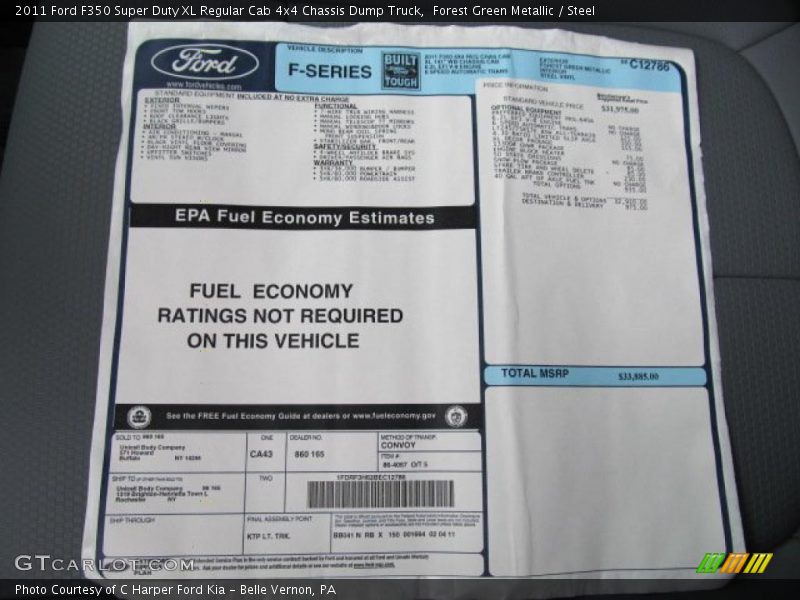  2011 F350 Super Duty XL Regular Cab 4x4 Chassis Dump Truck Window Sticker