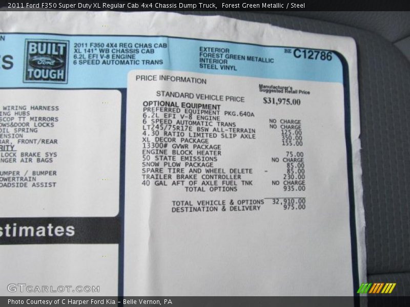  2011 F350 Super Duty XL Regular Cab 4x4 Chassis Dump Truck Window Sticker