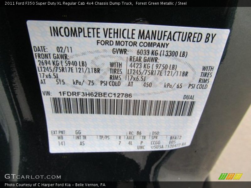 2011 F350 Super Duty XL Regular Cab 4x4 Chassis Dump Truck Forest Green Metallic Color Code GG