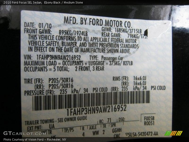 Ebony Black / Medium Stone 2010 Ford Focus SEL Sedan