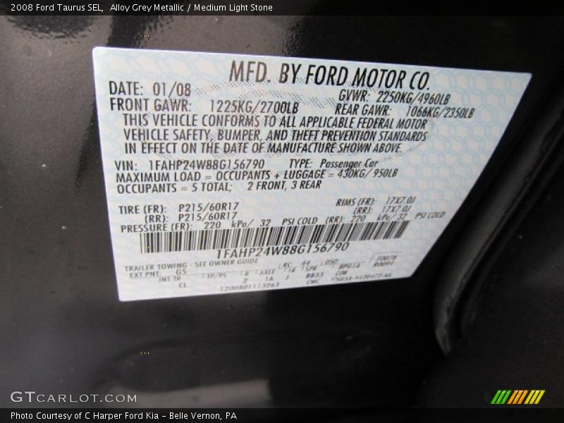 2008 Taurus SEL Alloy Grey Metallic Color Code G5