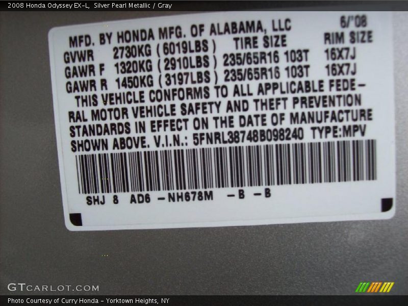 Silver Pearl Metallic / Gray 2008 Honda Odyssey EX-L
