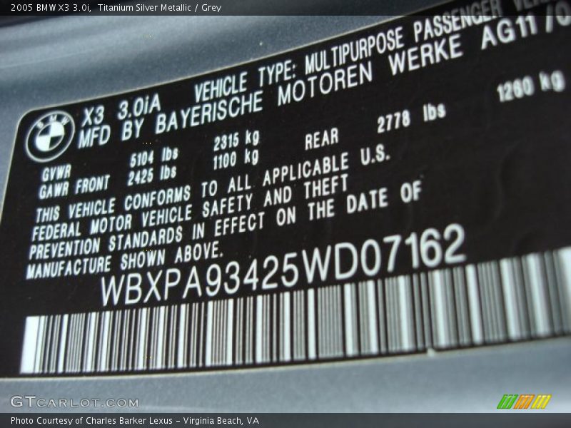 Titanium Silver Metallic / Grey 2005 BMW X3 3.0i