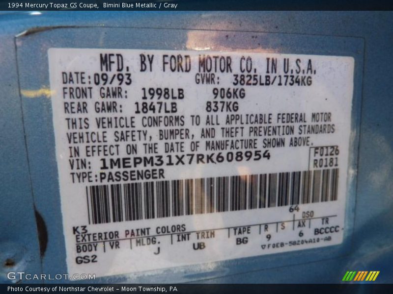 Bimini Blue Metallic / Gray 1994 Mercury Topaz GS Coupe