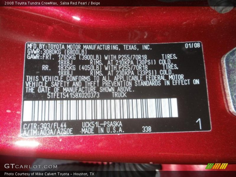 Salsa Red Pearl / Beige 2008 Toyota Tundra CrewMax
