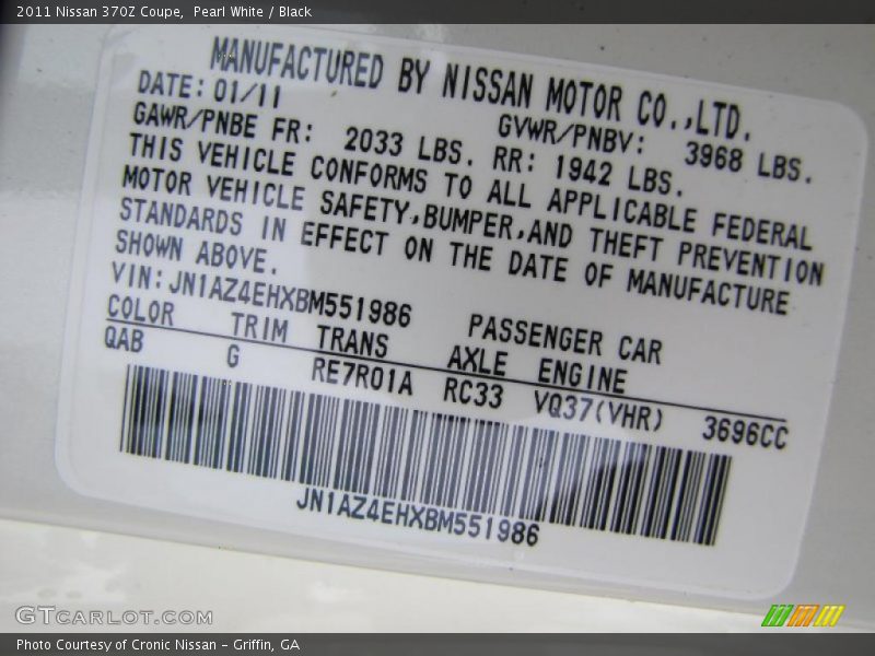 2011 370Z Coupe Pearl White Color Code QAB