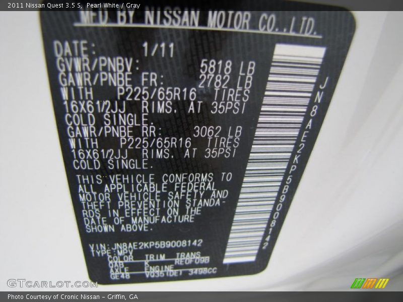 Pearl White / Gray 2011 Nissan Quest 3.5 S
