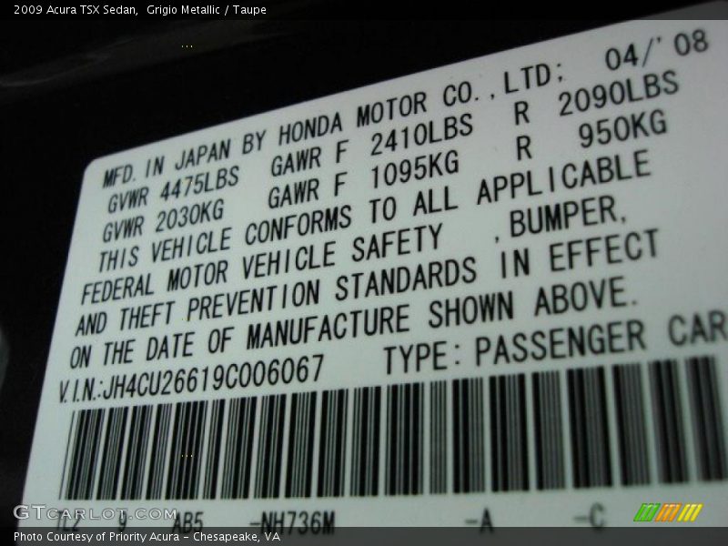 Grigio Metallic / Taupe 2009 Acura TSX Sedan