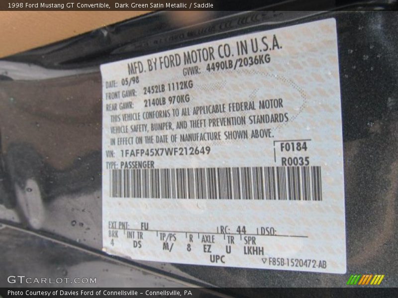 1998 Mustang GT Convertible Dark Green Satin Metallic Color Code FU