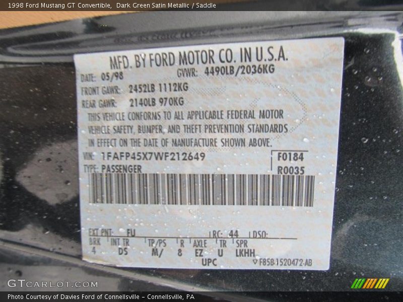 1998 Mustang GT Convertible Dark Green Satin Metallic Color Code FU