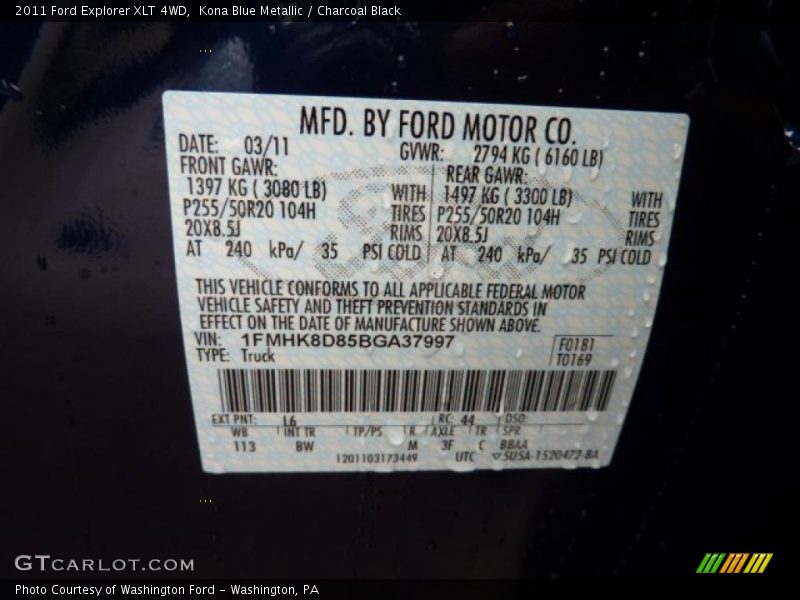 2011 Explorer XLT 4WD Kona Blue Metallic Color Code L6