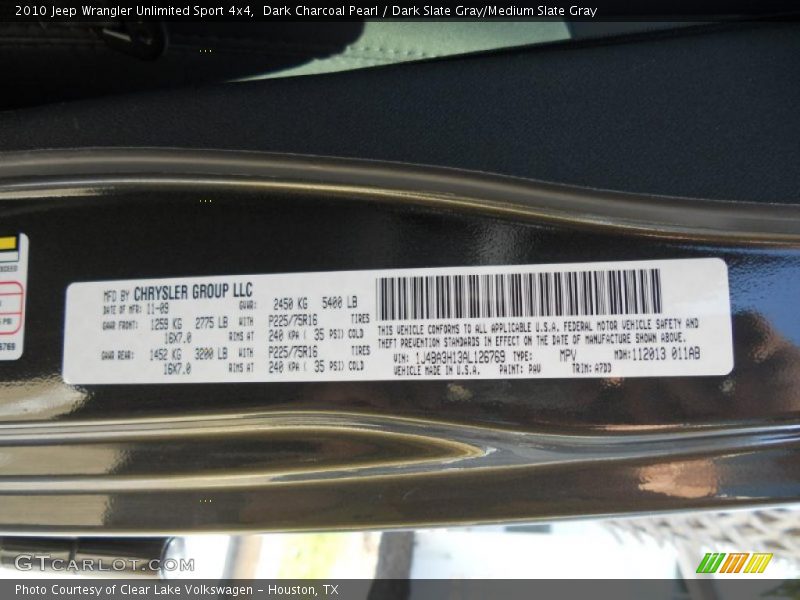 Dark Charcoal Pearl / Dark Slate Gray/Medium Slate Gray 2010 Jeep Wrangler Unlimited Sport 4x4