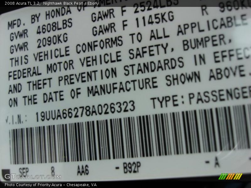 Nighthawk Black Pearl / Ebony 2008 Acura TL 3.2