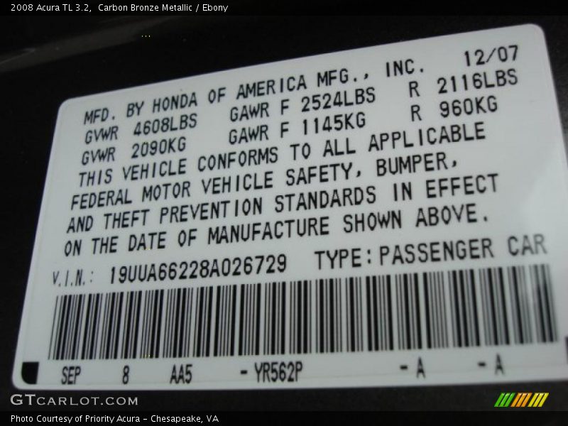 Carbon Bronze Metallic / Ebony 2008 Acura TL 3.2