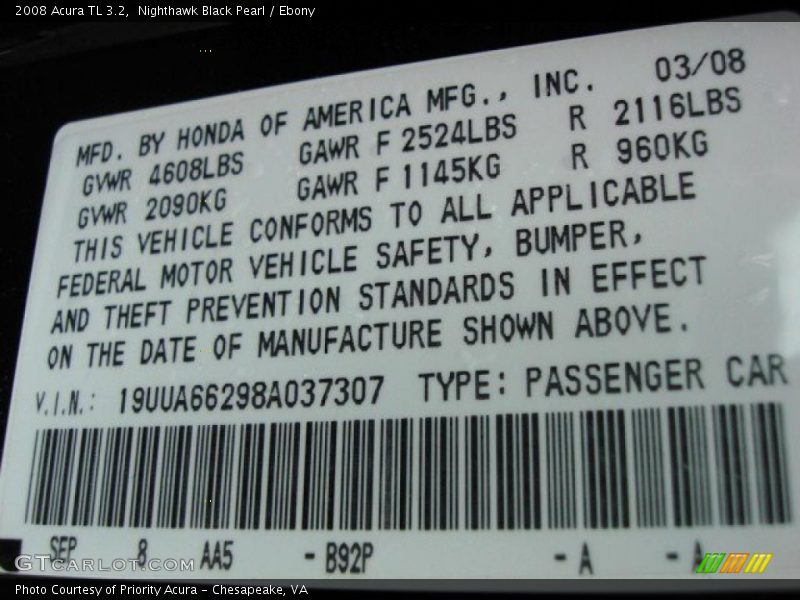 Nighthawk Black Pearl / Ebony 2008 Acura TL 3.2