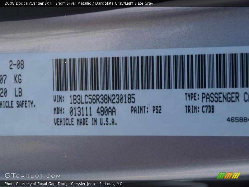 Bright Silver Metallic / Dark Slate Gray/Light Slate Gray 2008 Dodge Avenger SXT