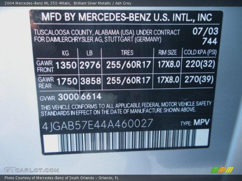Brilliant Silver Metallic / Ash Grey 2004 Mercedes-Benz ML 350 4Matic