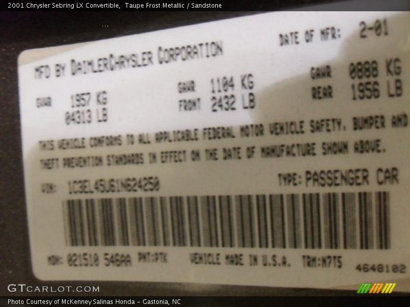 Taupe Frost Metallic / Sandstone 2001 Chrysler Sebring LX Convertible
