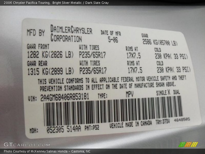 Bright Silver Metallic / Dark Slate Gray 2006 Chrysler Pacifica Touring