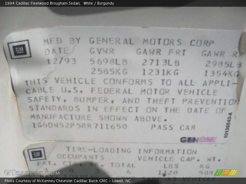 Info Tag of 1994 Fleetwood Brougham Sedan